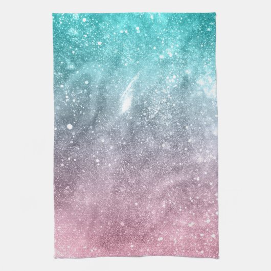 Aqua blauw Roze ombre zee sterrenstelsel abstract Theedoek (Verticaal)