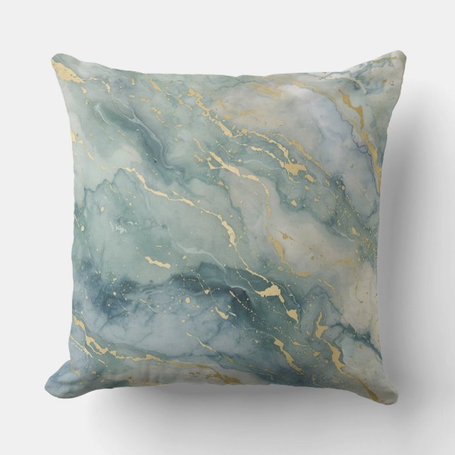 Aqua Blauw Salie Groen Goud Abstracte Print Kussen (Voorkant)