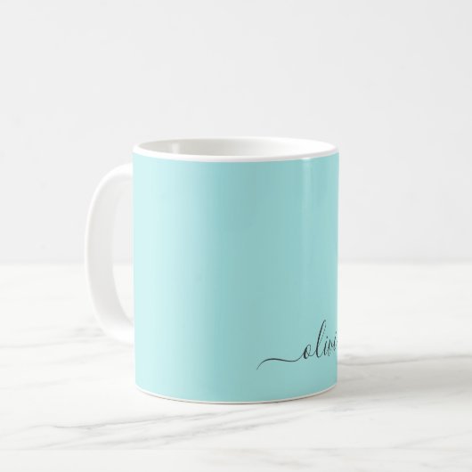 Aqua Blauw Teal Meisjesachtig Script Monogram Naam Koffiemok (Voorkant links)