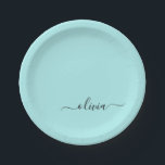 Aqua Blauw Teal Meisjesachtig Script Monogram Naam Papieren Bordje<br><div class="desc">Aqua Blauw Teal Monogram Voeg Je Eigen Naam Toe Script Feestborden. Dit is het perfecte cadeau voor een 16e verjaardag,  trouwdag,  bruidsfeest,  jubileum,  babyfeest of vrijgezellenfeest voor iemand die van glamour luxe en chique stijlen houdt.</div>