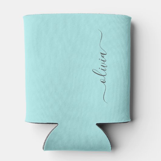 Aqua Blauw Teal Moderne Script Meisjesachtig Monog Blikjeskoeler (Achterkant)