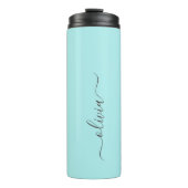 Aqua Blauw Teal Moderne Script Meisjesachtig Monog Thermosbeker (Voorkant)