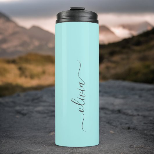 Aqua Blauw Teal Moderne Script Meisjesachtig Monog Thermosbeker