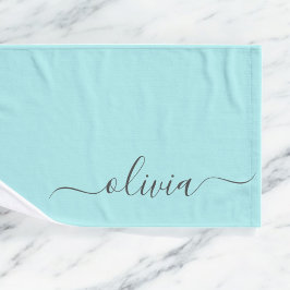 Aqua Blauw Teal Moderne Script Meisjesachtige Mono Handdoek