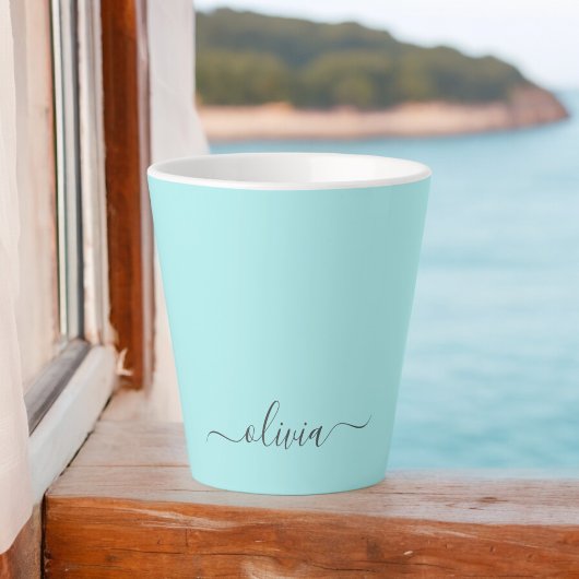 Aqua Blauw Teal Moderne Script Meisjesachtige Mono Latte Mok