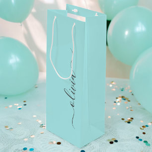 Aqua Blauw Teal Moderne Script Meisjesachtige Mono Wijn Cadeautas
