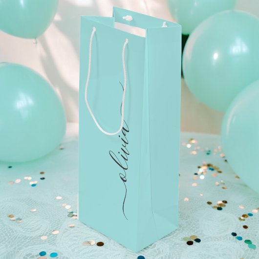 Aqua Blauw Teal Moderne Script Meisjesachtige Mono Wijn Cadeautas