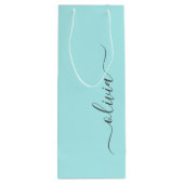 Aqua Blauw Teal Moderne Script Meisjesachtige Mono Wijn Cadeautas (Achterkant)