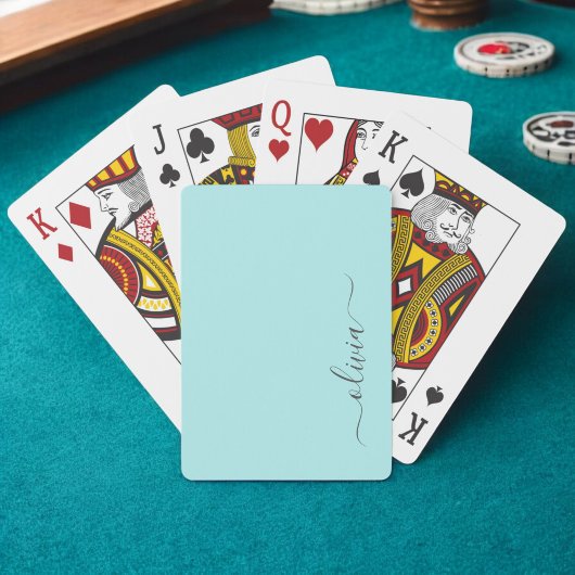 Aqua Blauw Teal Moderne Script Meisjesnaam Monogra Pokerkaarten