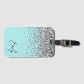 Aqua Blauw Teal Zilver Glitter Monogram Bagagelabel (Voorkant (horizontaal))