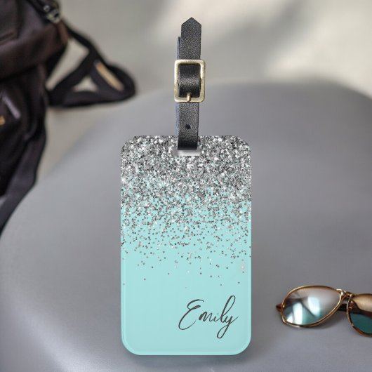 Aqua Blauw Teal Zilver Glitter Monogram Bagagelabel
