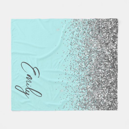 Aqua Blauw Teal Zilver Glitter Monogram Fleece Deken (Voorkant (Horizontaal))