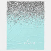 Aqua Blauw Teal Zilver Glitter Monogram Fleece Deken (Voorkant)