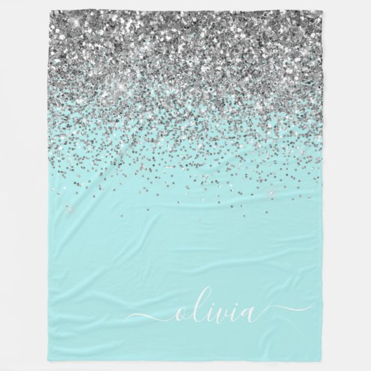 Aqua Blauw Teal Zilver Glitter Monogram Fleece Deken (Voorkant)