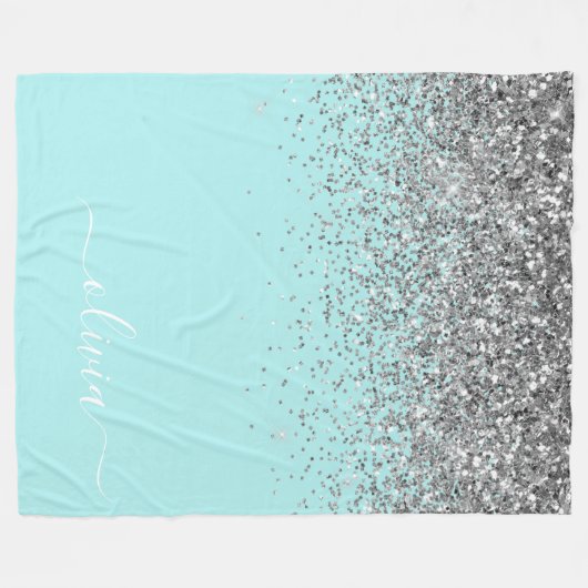 Aqua Blauw Teal Zilver Glitter Monogram Fleece Deken (Voorkant (Horizontaal))