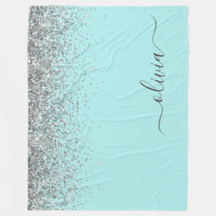 Aqua Blauw Teal Zilver Glitter Monogram Fleece Deken
