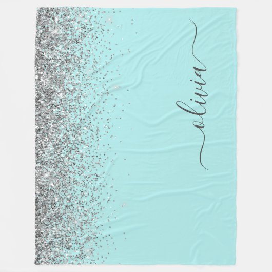 Aqua Blauw Teal Zilver Glitter Monogram Fleece Deken (Voorkant)