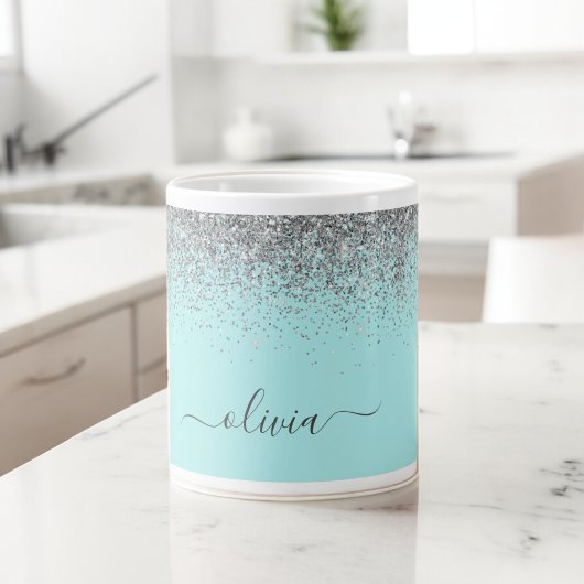 Aqua Blauw Teal Zilver Glitter Monogram Grote Koffiekop