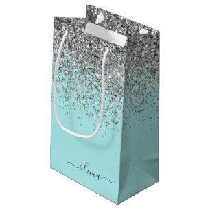Aqua Blauw Teal Zilver Glitter Monogram Klein Cadeauzakje
