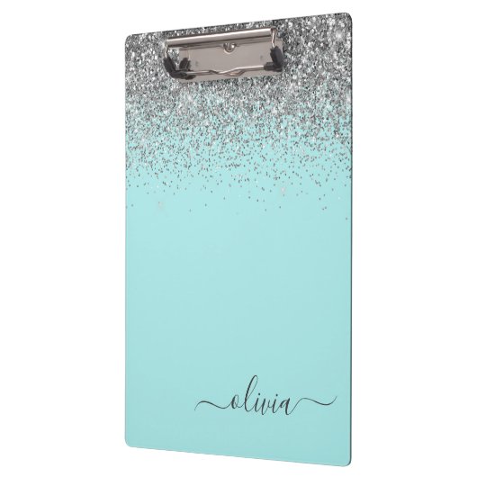 Aqua Blauw Teal Zilver Glitter Monogram Klembord (Links)