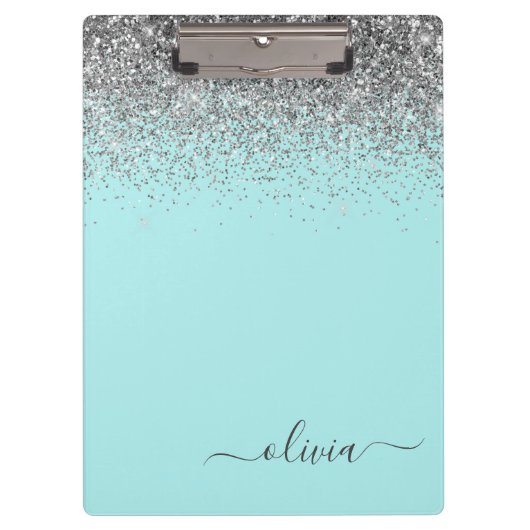 Aqua Blauw Teal Zilver Glitter Monogram Klembord (Voorkant)