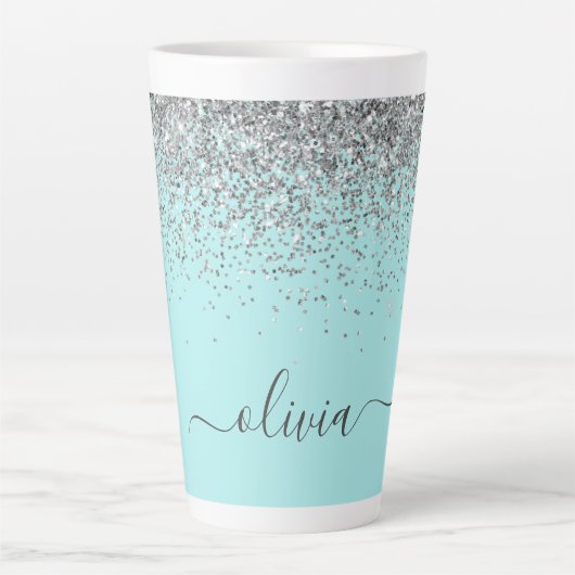 Aqua Blauw Teal Zilver Glitter Monogram Latte Mok (Voorkant)