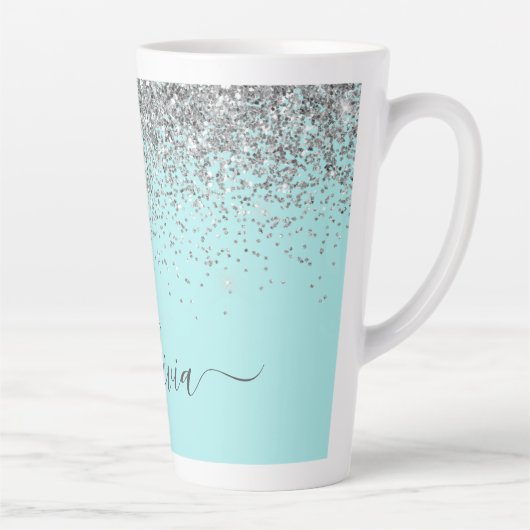 Aqua Blauw Teal Zilver Glitter Monogram Latte Mok (Rechts)