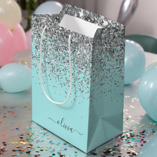 Aqua Blauw Teal Zilver Glitter Monogram Medium Cadeauzakje