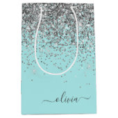 Aqua Blauw Teal Zilver Glitter Monogram Medium Cadeauzakje (Voorkant)