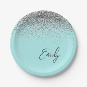 Aqua Blauw Teal Zilver Glitter Monogram Papieren Bordje