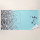Aqua Blauw Teal Zilver Glitter Monogram Strandlaken (Voorkant)