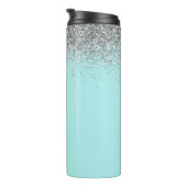 Aqua Blauw Teal Zilver Glitter Monogram Thermosbeker (Geroteerd rechts)