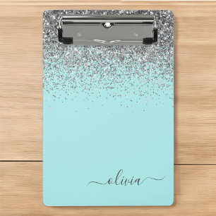 Aqua Blauw - Turquoise en Zilver Glitter Monogram Mini Klembord