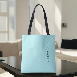 Aqua Blauw Turquoise Meisjesachtig Script Monogram Tote Bag