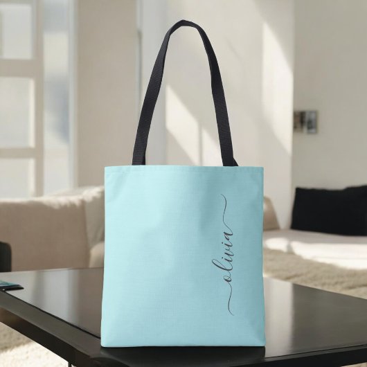 Aqua Blauw Turquoise Meisjesachtig Script Monogram Tote Bag