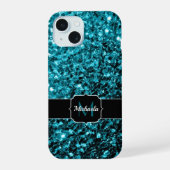 Aqua blauw Turquoise nepschittertjes Monogram iPhone 15 Case (Achterkant)