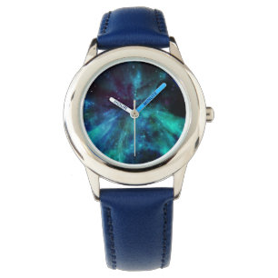 Aqua, Blauw & Violet Space Nebula horloge