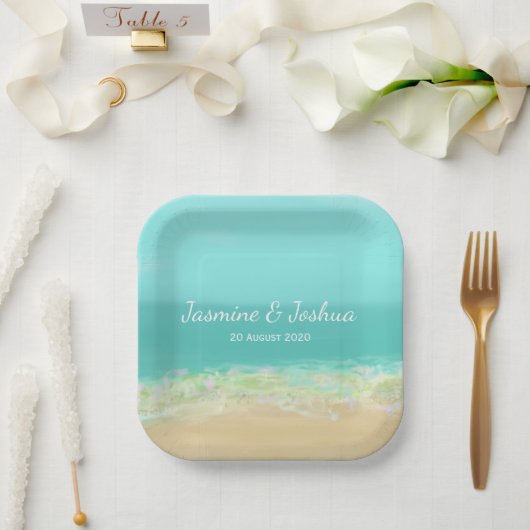 Aqua blauw water/beschilderde strandkust papieren bordje (Huwelijk)