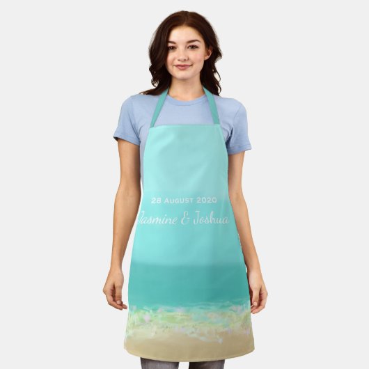 Aqua blauw water/beschilderde strandkust schort (Gedragen)