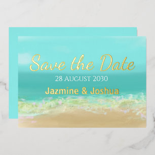 Aqua blauw water/ strand zeekust save the date Gou Folie Uitnodiging