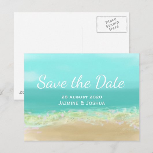 Aqua blauw water/strandkust bespaart de datum aankondigingskaart (Voorkant / Achterkant)