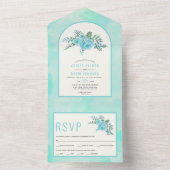 Aqua blauw waterverf bloemen boog bloemenbruiloft all in one uitnodiging (Binnen)