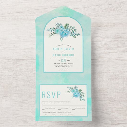 Aqua blauw waterverf bloemen boog bloemenbruiloft all in one uitnodiging (Binnen)
