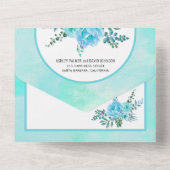 Aqua blauw waterverf bloemen boog bloemenbruiloft all in one uitnodiging (Achterkant)