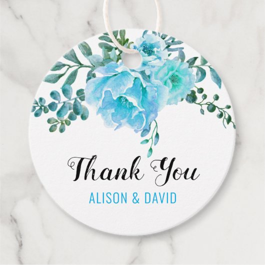 Aqua blauw waterverf bloemenbruiloft Dank U Bedankjes Labels (Voorkant)