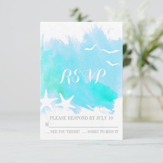 Aqua blauw waterverf splash, zeesterren bruiloft R RSVP Kaartje (Staand voorkant)