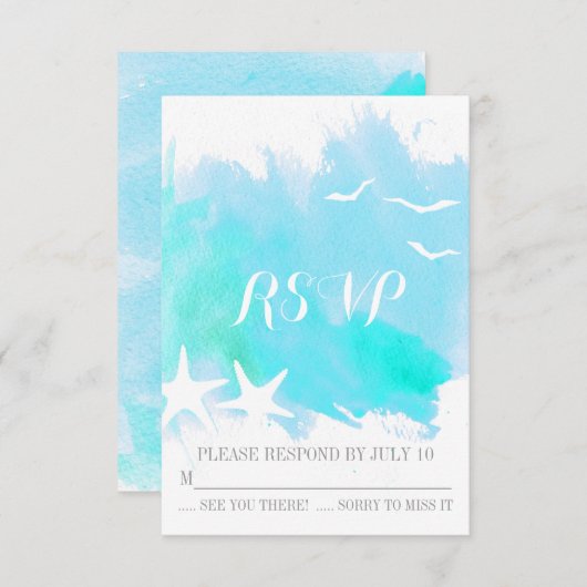 Aqua blauw waterverf splash, zeesterren bruiloft R RSVP Kaartje (Voorkant / Achterkant)