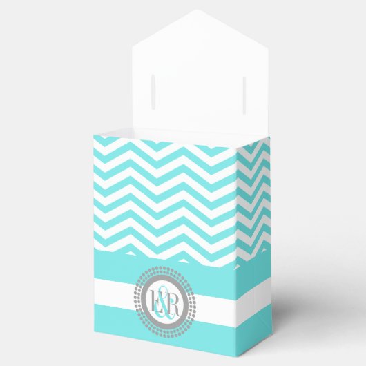 Aqua blauw, wit chevron zigzag patroon bruiloft bedankdoosjes (Geopend)