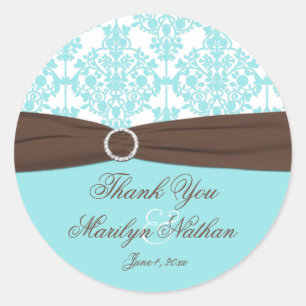 Aqua Blauw, Wit Damask Bruiloft Favor Sticker