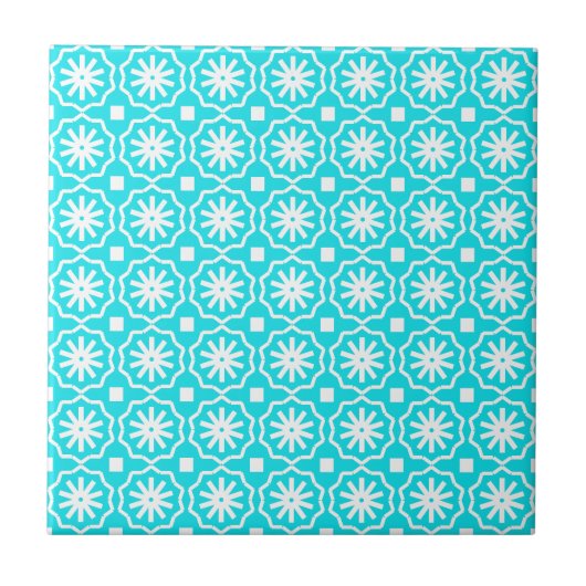 Aqua blauw wit modern geometrisch bloempatroon tegeltje (Voorkant)